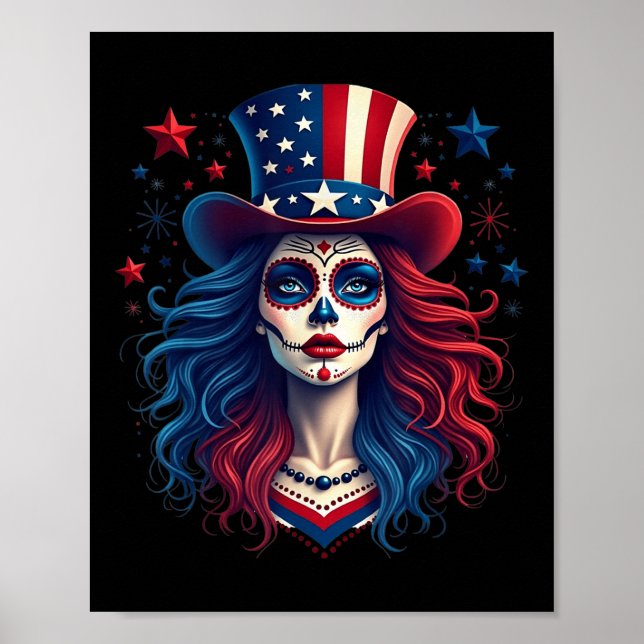 Sugar Skull 4th Of July American Flag Skeleton Wom Poster (Front)