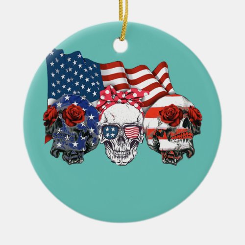 Sugar Skull American Flag 4th of July Patriotic  Ceramic Ornament