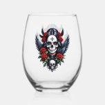 Sugar Skull Angel with Roses.  Stemless Wine Glass