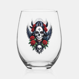 Sugar Skull Angel with Roses.  Stemless Wine Glass