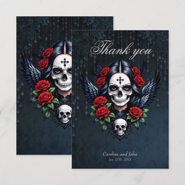 Sugar Skull Angel with Roses.  Thank You Card (Front/Back)