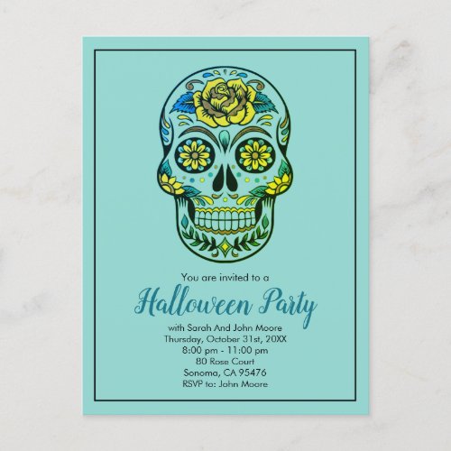 Sugar Skull Aqua Blue Halloween Party Invitation Postcard