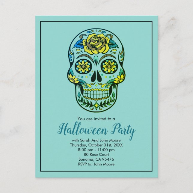 Sugar Skull Aqua Blue Halloween Party Invitation Postcard (Front)
