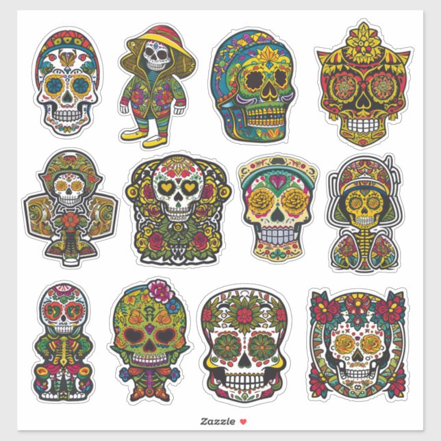 Sugar Skull Art 12 Piece Folk Art Pack  Sticker (Sheet)