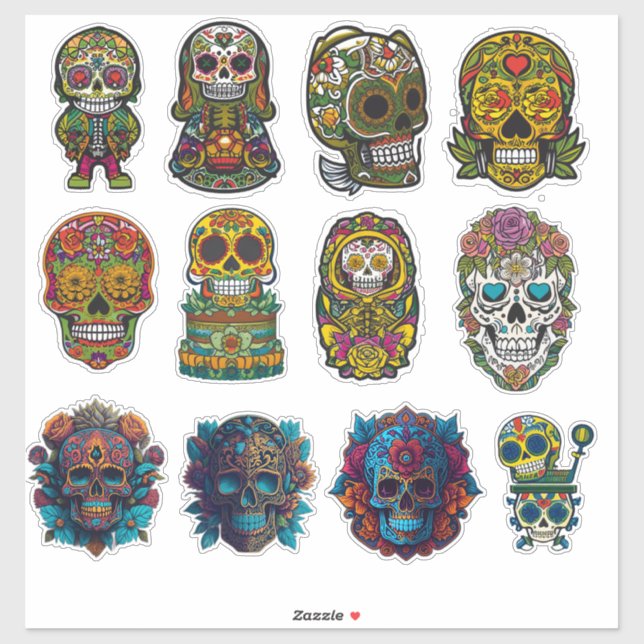 Sugar Skull Art 12 Piece Traditional Pack  Sticker (Sheet)