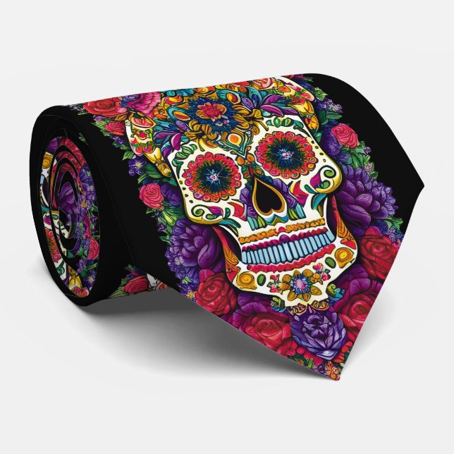 Sugar Skull Art - A Colorful Tribute Neck Tie (Rolled)