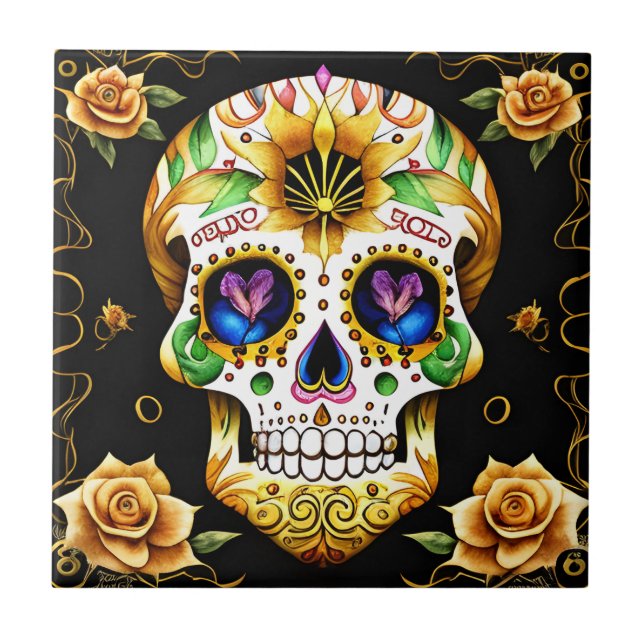 Sugar Skull Art - Artistic Heritage Ceramic Tile (Front)