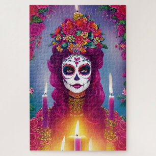 Sugar Skull Art - Beautiful Woman at Altar Jigsaw Puzzle