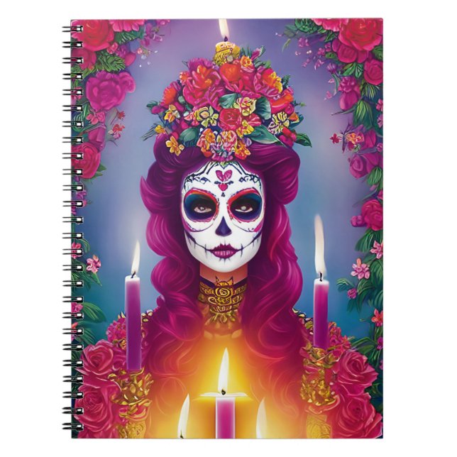 Sugar Skull Art -  Beautiful Woman at Altar Notebook (Front)