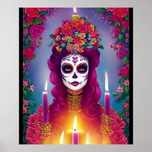 Sugar Skull Art _  Beautiful Woman at Altar Poster