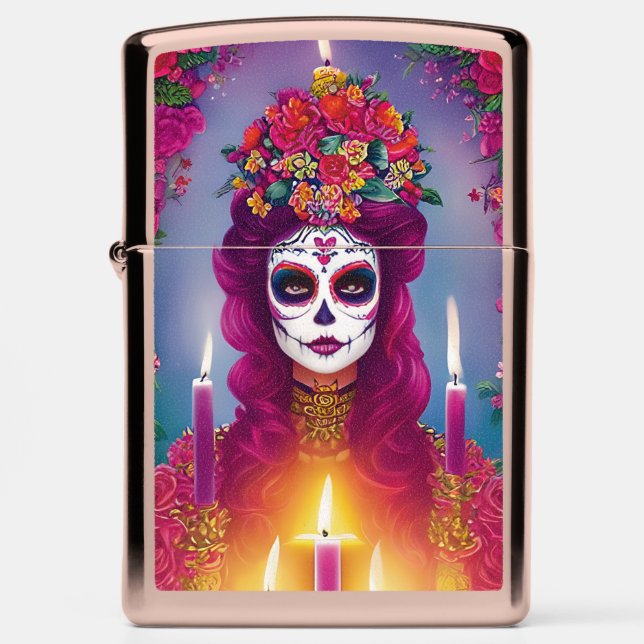 Sugar Skull Art -  Beautiful Woman at Altar Zippo Lighter (Front)