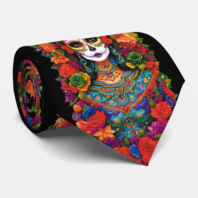 Sugar Skull Art -  Beautiful Woman in Flowers Neck Tie (Rolled)