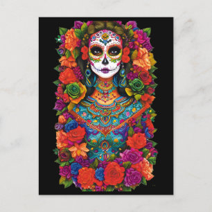 Sugar Skull Art - Beautiful Woman in Flowers Postcard