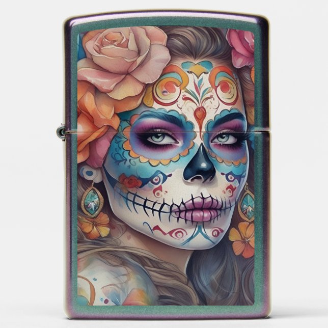Sugar Skull Art - Beautiful Woman in Skull Makeup Zippo Lighter (Front)