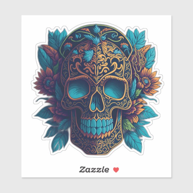 Sugar Skull Art - Black and Gold Flower Skull Sticker (Sheet)