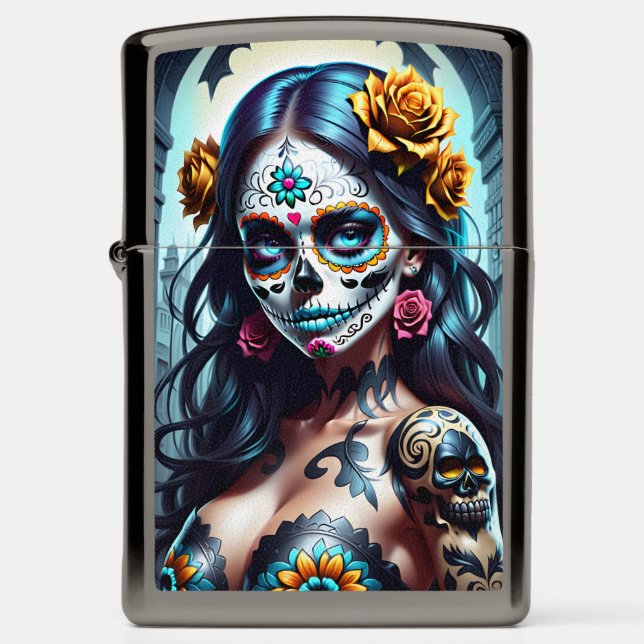 Sugar Skull Art -  Blossoming Beauty Zippo Lighter (Front)