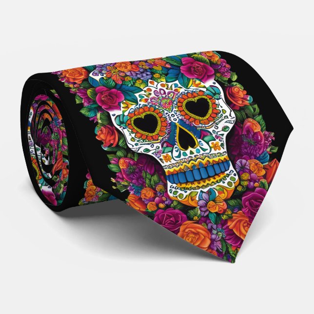 Sugar Skull Art - Burst of Mexican Flair Neck Tie (Rolled)