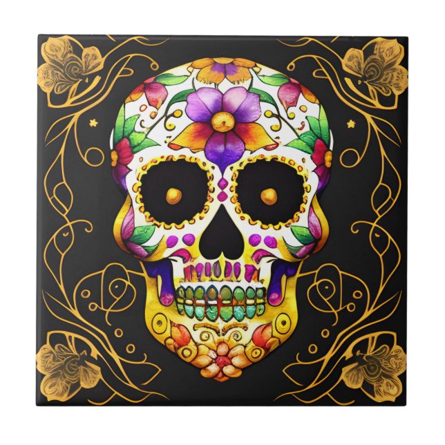 Sugar Skull Art - Captivating Dia de los Muertos Ceramic Tile (Front)