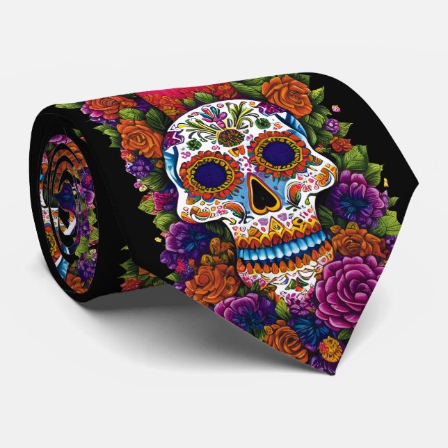 Sugar Skull Art - Celebrate Dia de los Muertos Neck Tie (Rolled)