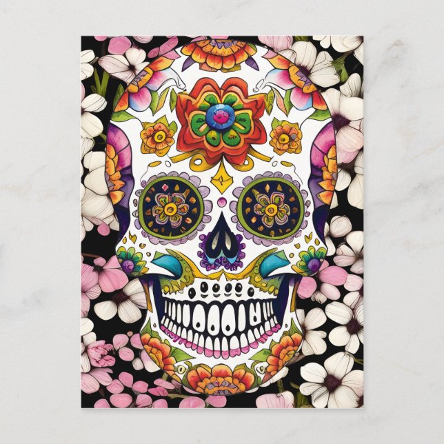 Sugar Skull Art - Colorful Day of the Dead Postcard (Front)