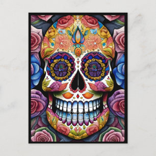 Sugar Skull Art -  Colorful Day of the Dead Skull Postcard