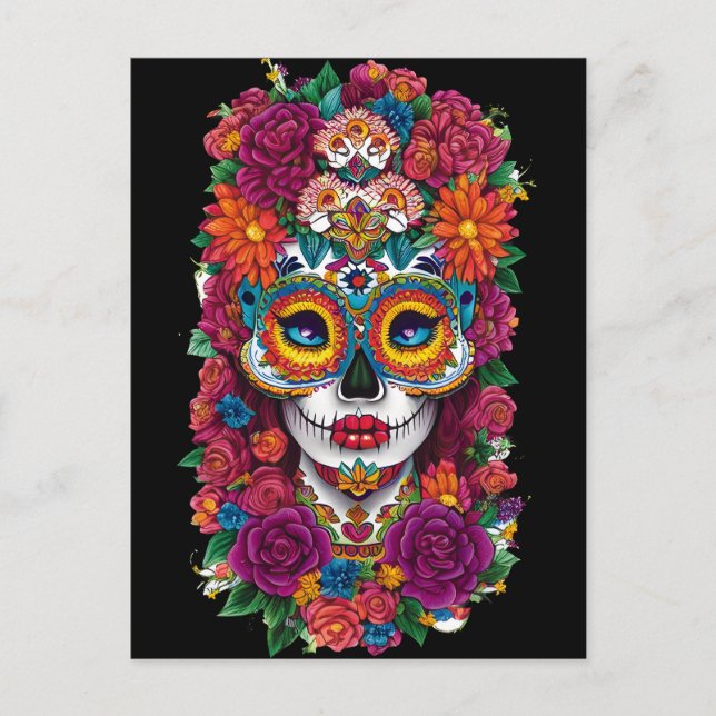 Sugar Skull Art -  Colorful Dia de los Muertos Postcard (Front)