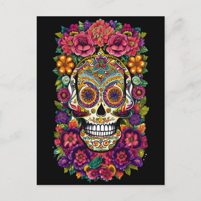 Sugar Skull Art - Colorful Dia de los Muertos Postcard (Front)