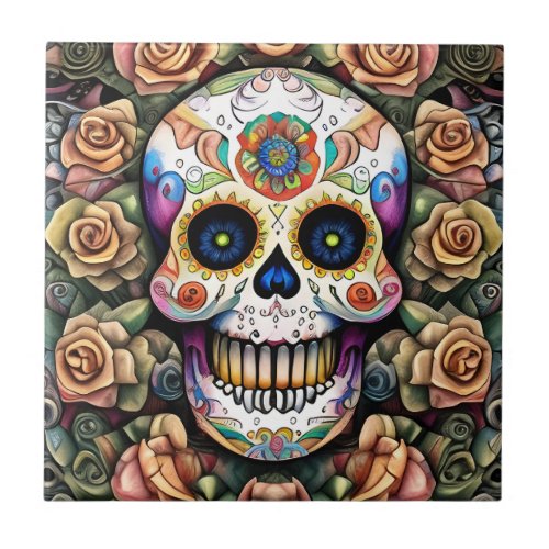 Sugar Skull Art _ Colorful Mexican Celebration Ceramic Tile