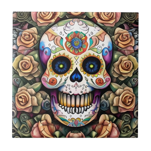 Sugar Skull Art - Colorful Mexican Celebration Ceramic Tile (Front)