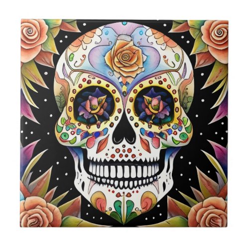 Sugar Skull Art _ Colorful Mexican Fiesta Design Ceramic Tile