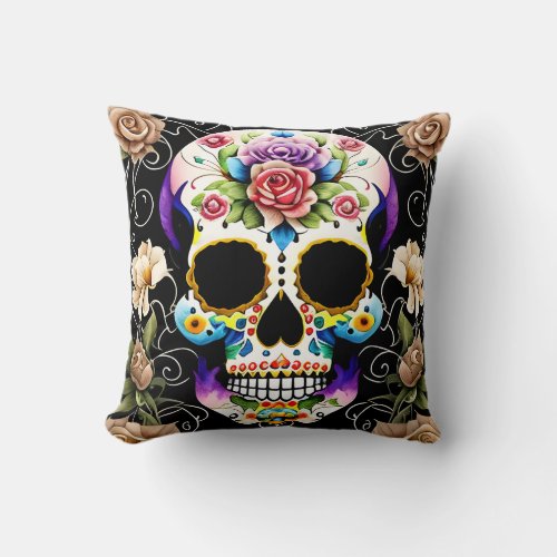 Sugar Skull Art _ Colorful Remembrance Throw Pillow