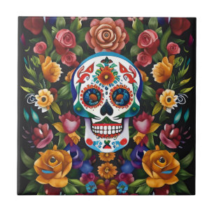 Sugar Skull Art - Colorful Traditions Ceramic Tile
