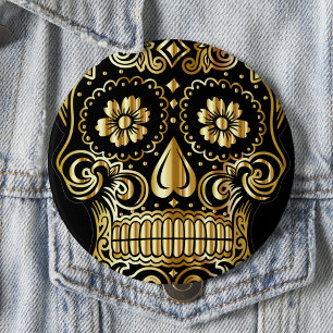 Sugar Skull Art, Day of the Dead Black and Gold Button