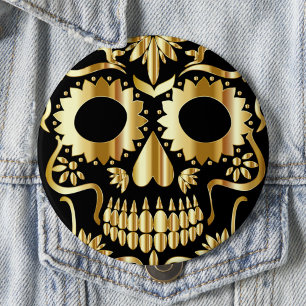 Sugar Skull Art, Day of the Dead Black and Gold Button