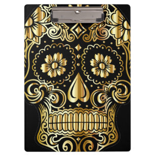 Sugar Skull Art, Day of the Dead Black and Gold Clipboard