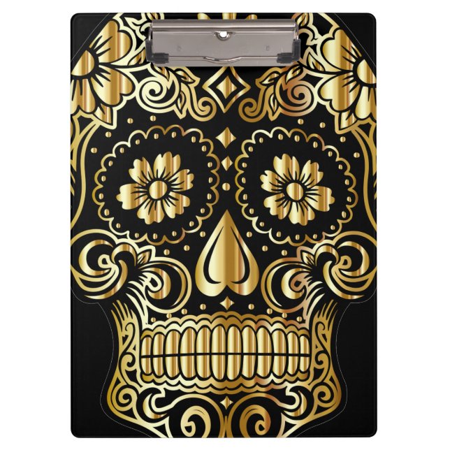 Sugar Skull Art, Day of the Dead Black and Gold Clipboard (Front)