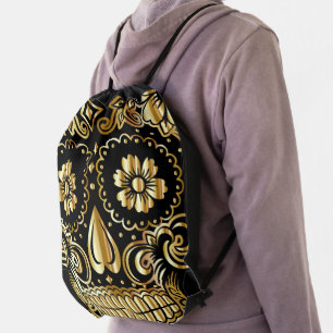 Sugar Skull Art, Day of the Dead Black and Gold Drawstring Bag