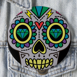 Sugar Skull Art, Day of the Dead Button