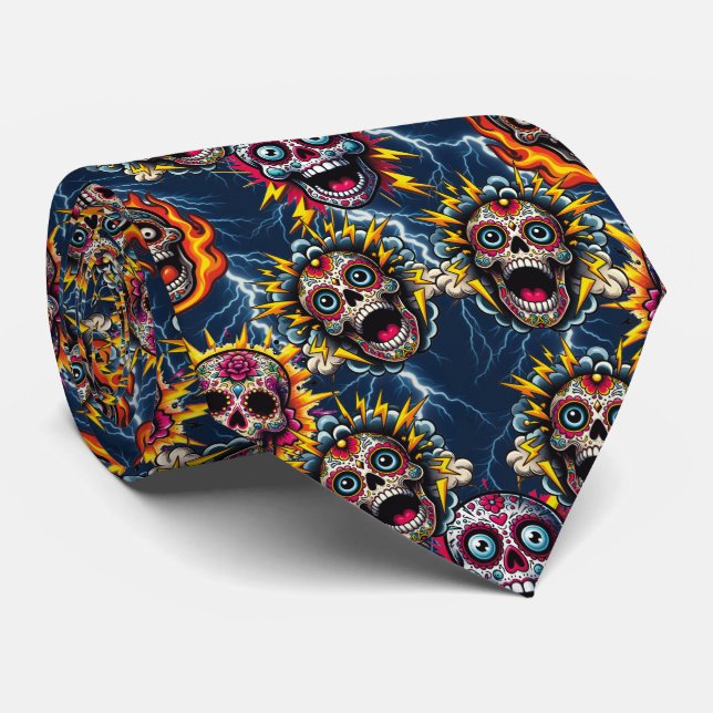 Sugar Skull Art - Day of the Dead Lightning Neck Tie (Rolled)