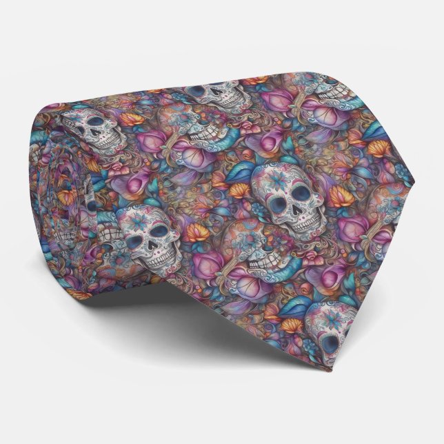 Sugar Skull Art - Day of the Dead Swirl Neck Tie (Rolled)
