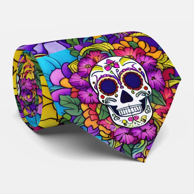 Sugar Skull Art -  Día de los Muertos Delight Neck Tie (Rolled)