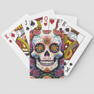 Sugar Skull Art - Dia de los Muertos Floral Skull Poker Cards