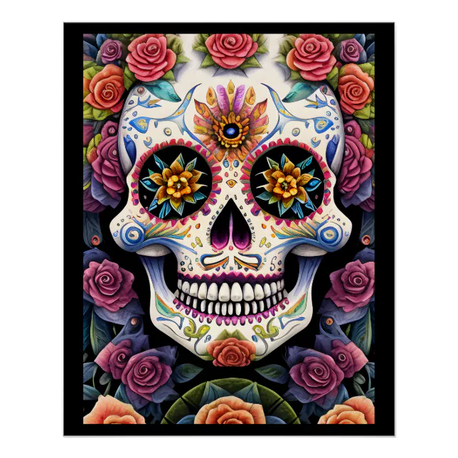 Sugar Skull Art - Dia de los Muertos Floral Skull Poster | Zazzle