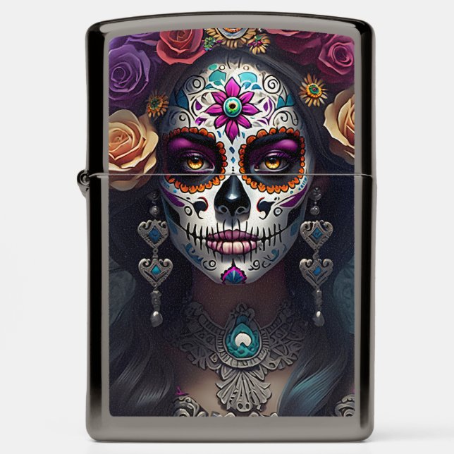 Sugar Skull Art -  Faces of Remembrance Zippo Lighter (Front)