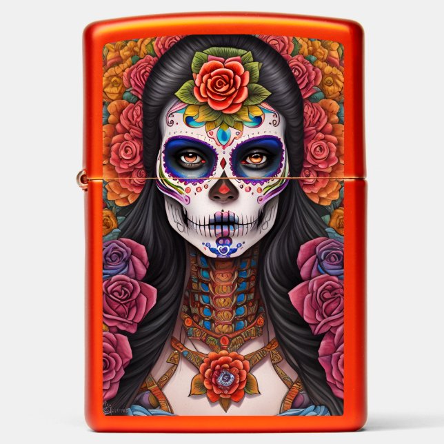 Sugar Skull Art Featuring Girl in Skull Makeup Zippo Lighter (Front)