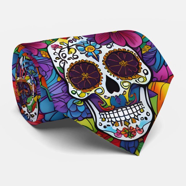 Sugar Skull Art -  Floral Fiesta Neck Tie (Rolled)