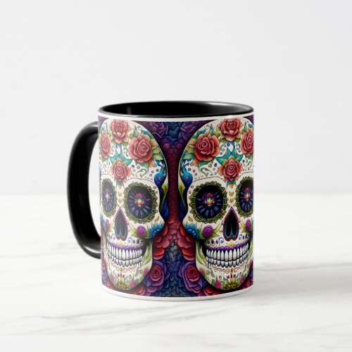 Sugar Skull Art Flower Skull Pink Roses Mug