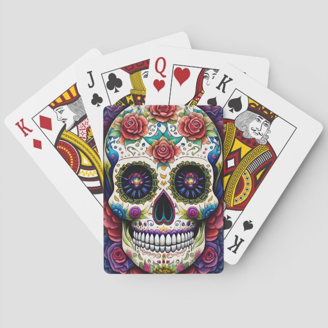 Sugar Skull Art Flower Skull Pink Roses Poker Cards (Back)