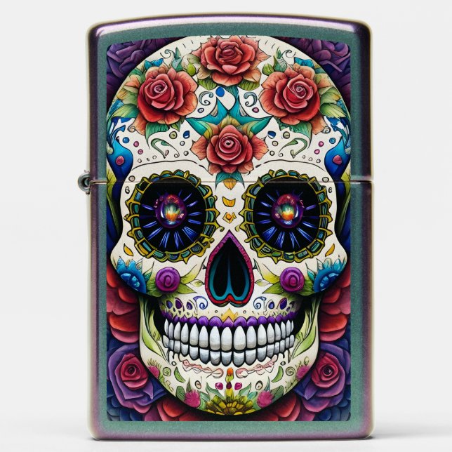 Sugar Skull Art Flower Skull Pink Roses Zippo Lighter (Front)
