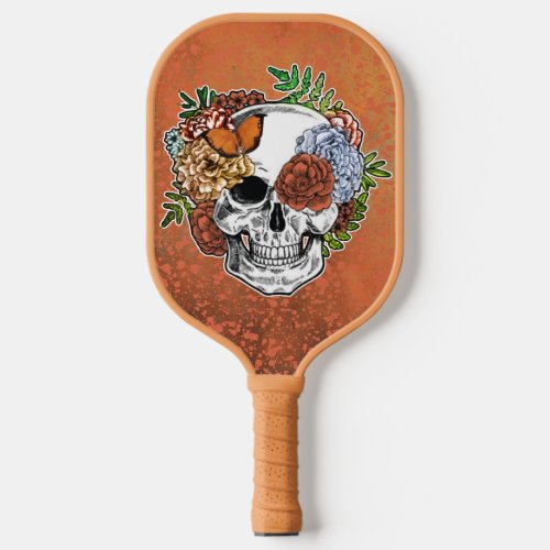 Sugar Skull Art Flowers Butterfly Orange Grunge Pickleball Paddle